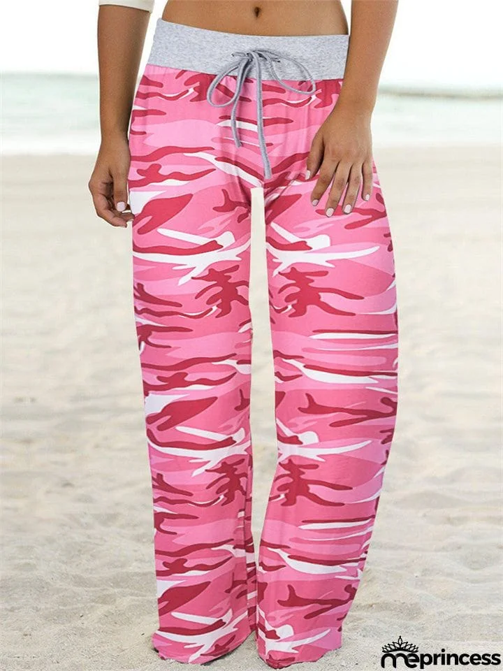 Comfortable Camouflage Print Drawstring Wide-Leg Pants