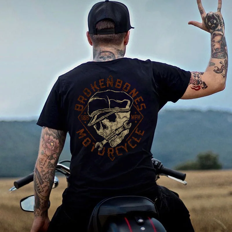 BROKEN BONES MOTORCYCLE Skull With Wrench Print Men's T-shirt