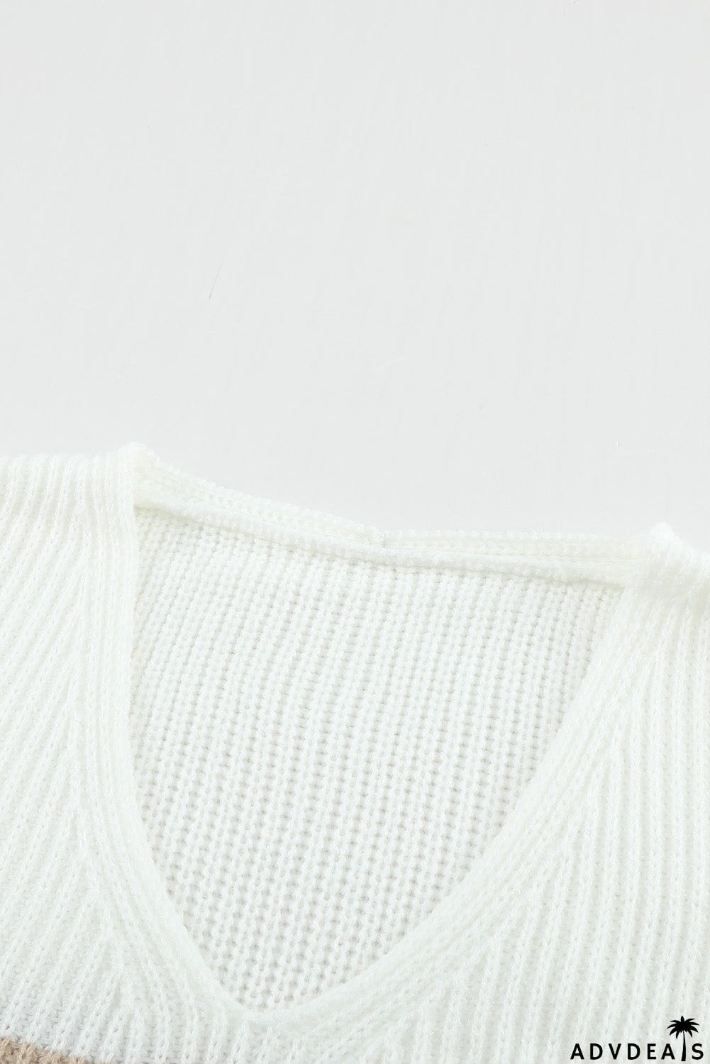 Khaki Colorblock V Neck Ribbed Knitted Sweater