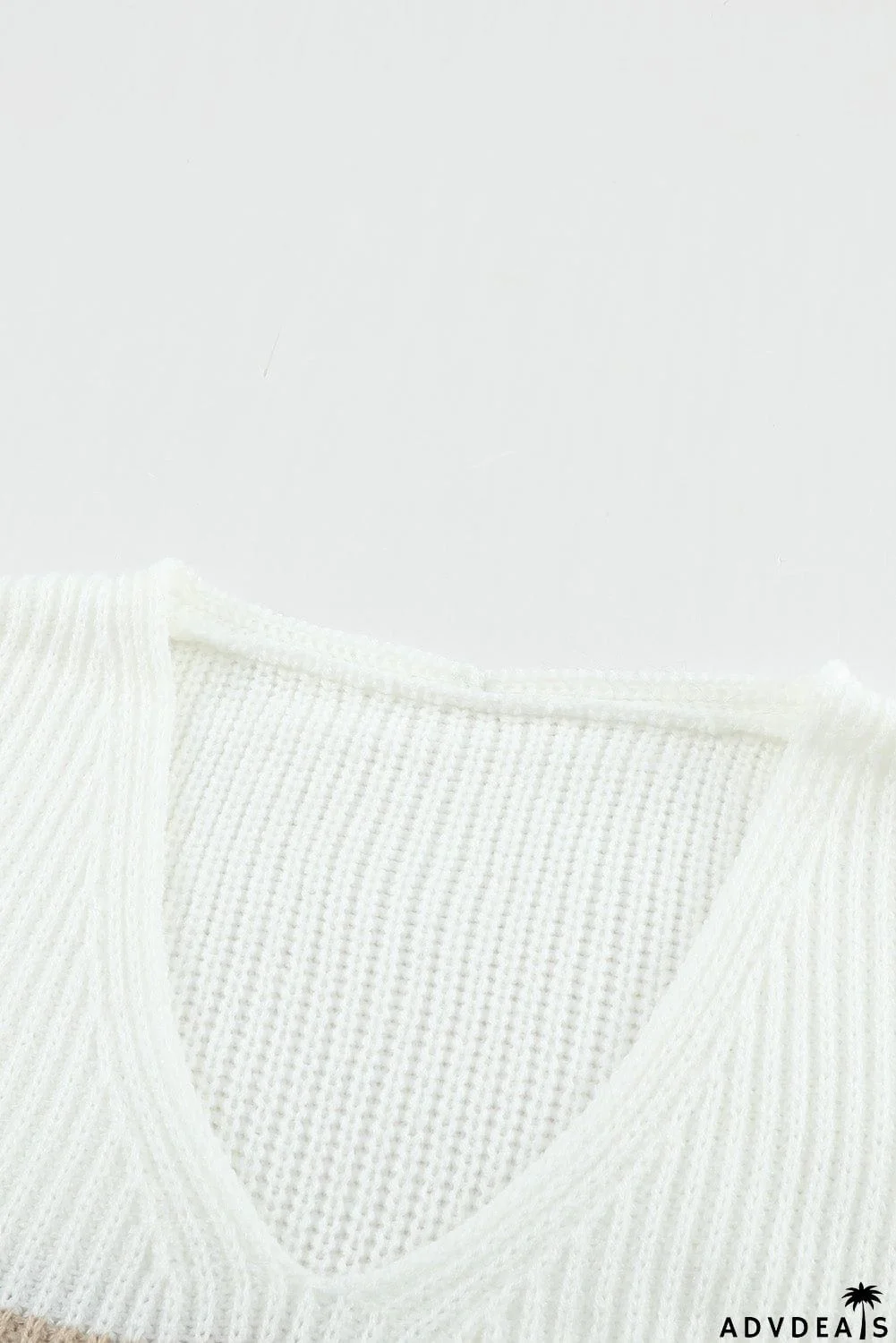 Khaki Colorblock V Neck Ribbed Knitted Sweater
