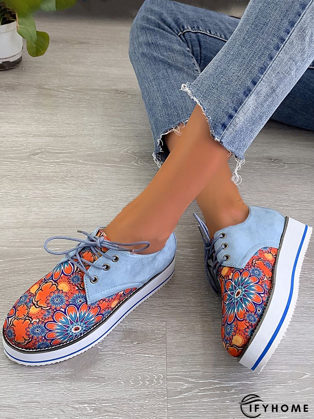 Floral Printed Patchwork Lace Up Shoes | IFYHOME