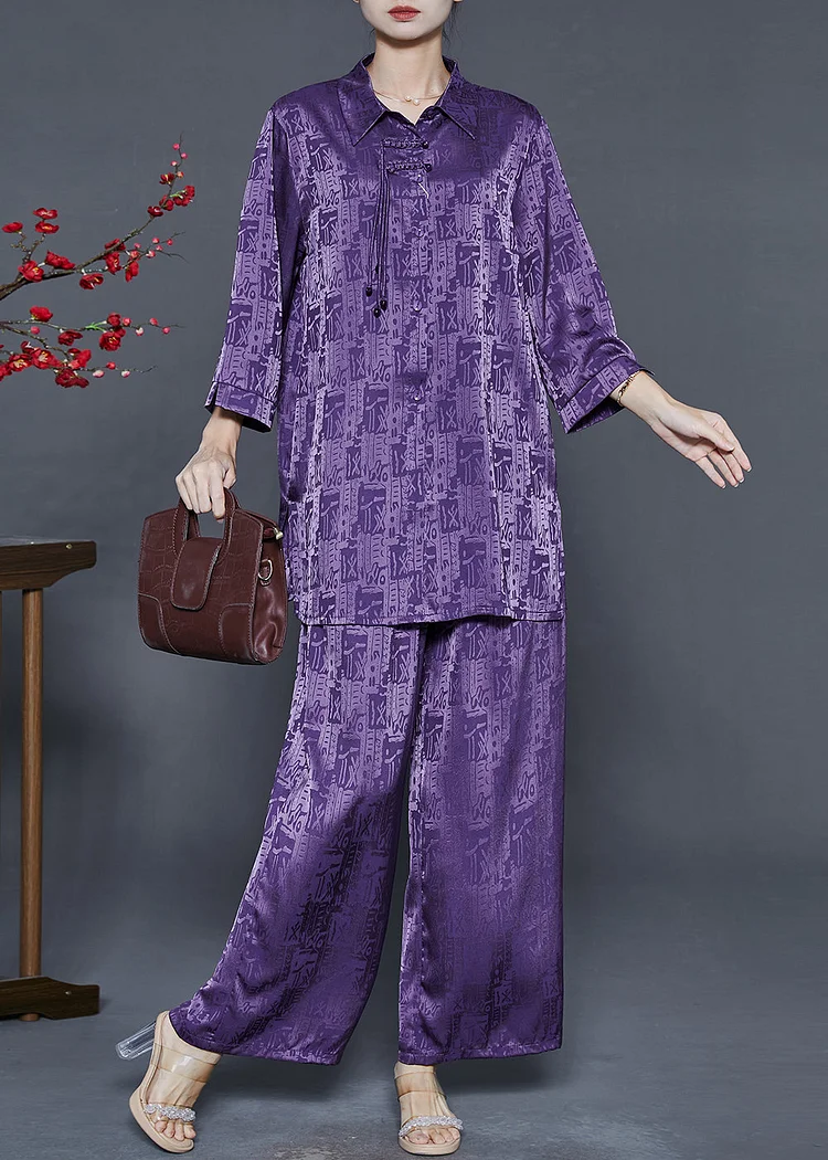 Purple Print Silk Oriental Two-Piece Set Tasseled Fall