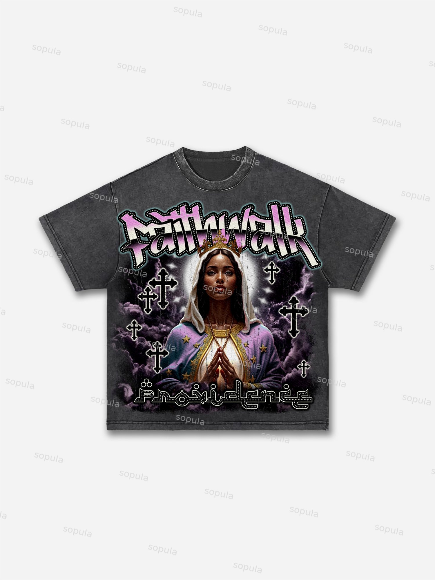 Faith Walk Our Lady Of The Cross Vintage Graphic Acid Wash T-shirt - Sopula｜Premium Graphic Tees & Graphic Clothing
