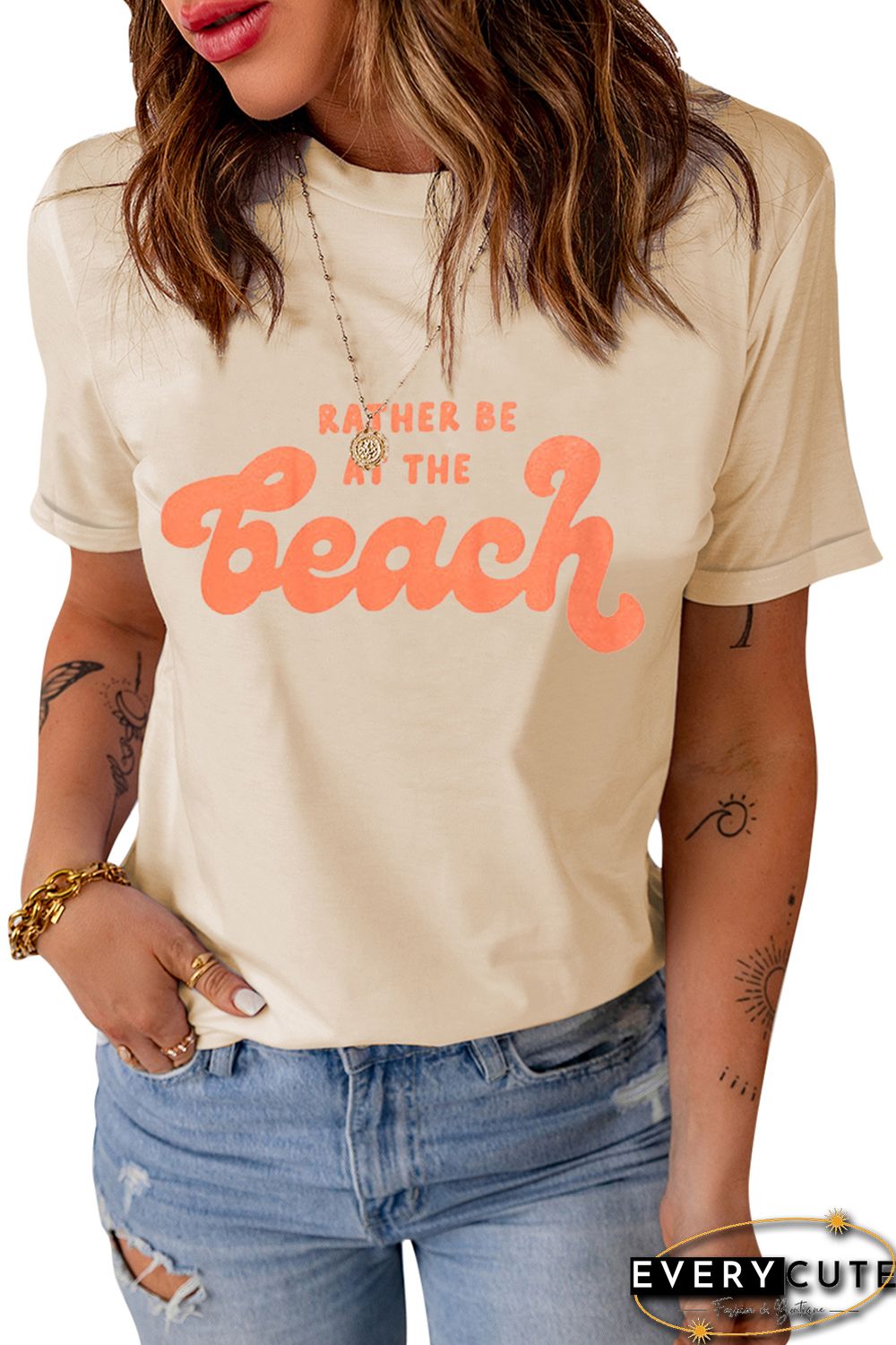Khaki RATHER BE AT THE BEACH Letters Crew Neck Tee