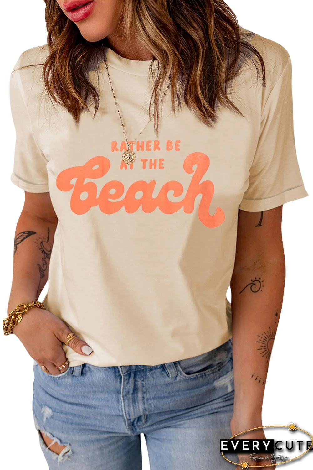 Khaki RATHER BE AT THE BEACH Letters Crew Neck Tee