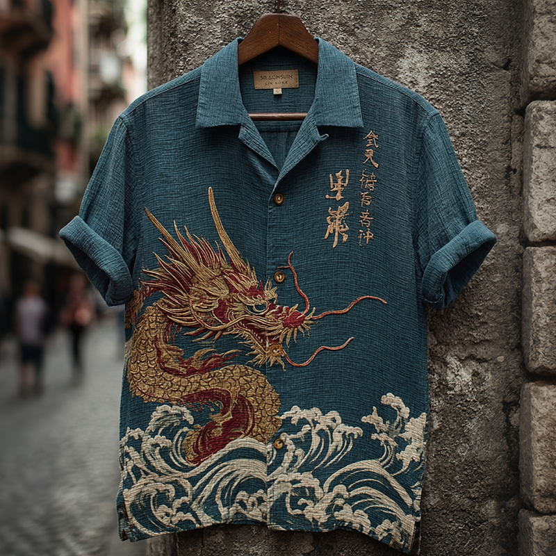 Men's Retro Japanese Dragon Art Linen Blend Short-sleeve Shirt elevenforest