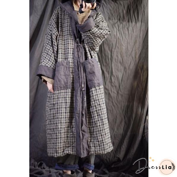 Omychic Linen Plaid Hooded Parkas Long Coat Female Padded Outerwear