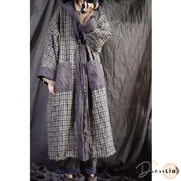 Omychic Linen Plaid Hooded Parkas Long Coat Female Padded Outerwear