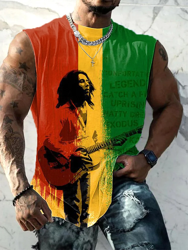 Reggae Print Casual Loose Cotton Tank Top