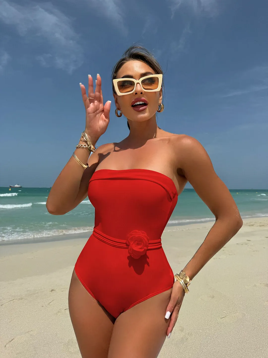Brownm 2024 New One-Clothing Multi-Clothed Drawstring With Small Flower Swimsuit Bikini Bikini