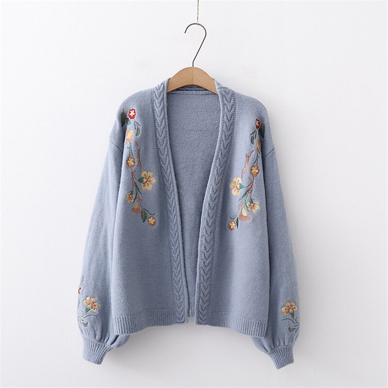 Women Knitted Fashion Cardigan Spring Autumn V-Neck Lantern Sleeve Embroidery Floral Thick Loose Harajuku Female Sweater