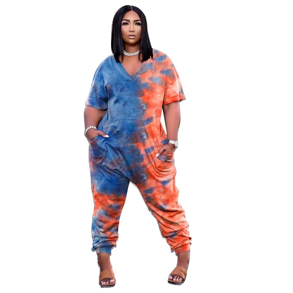 Plus Size Clothing Women Wholesale Jumpsuit Tie Dye Pockets Casual V-neck Street Wear Short Loose One Piece Outfit Dropshipping