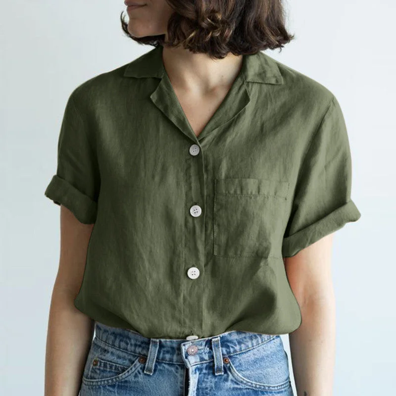 Uveng Shirt Solid Color Cotton Linen Pocket Blouses