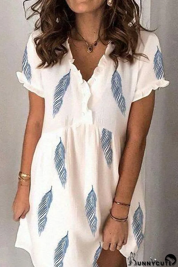 V-Neck Ruched Feather Print Dress