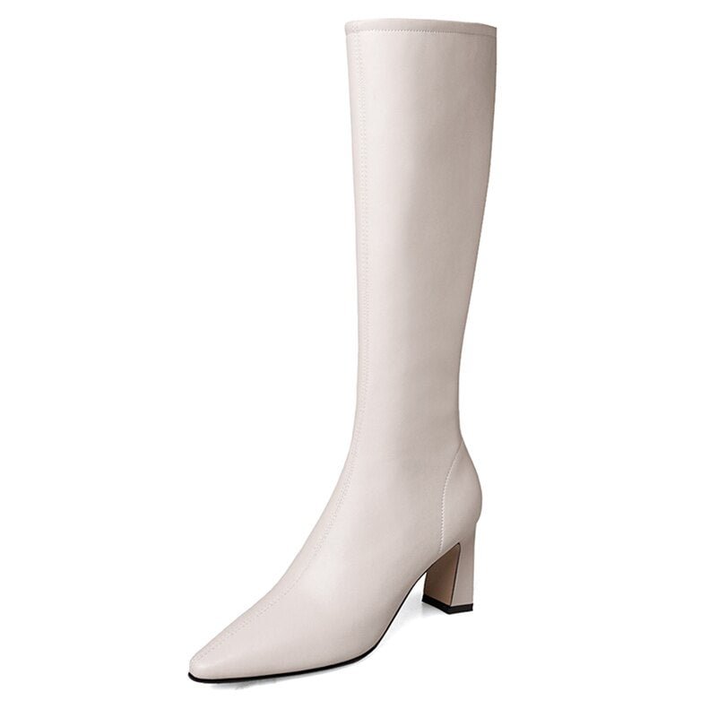 Meotina Women Genuine Leather Boots Thick High Heel Zipper Ladies Shoes Pointed Toe Knee High Boots Autumn Winter Apricot Black