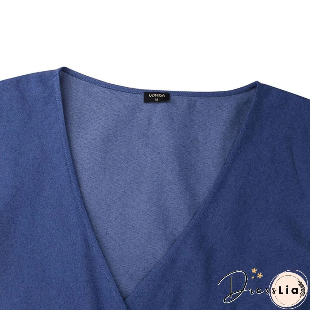 Women's Fashion Puff Sleeve Deep V Neck Tunic Denim Ruffled Dress Irregular Hem Elegant Party Long Dresses Vestidos S-5XL