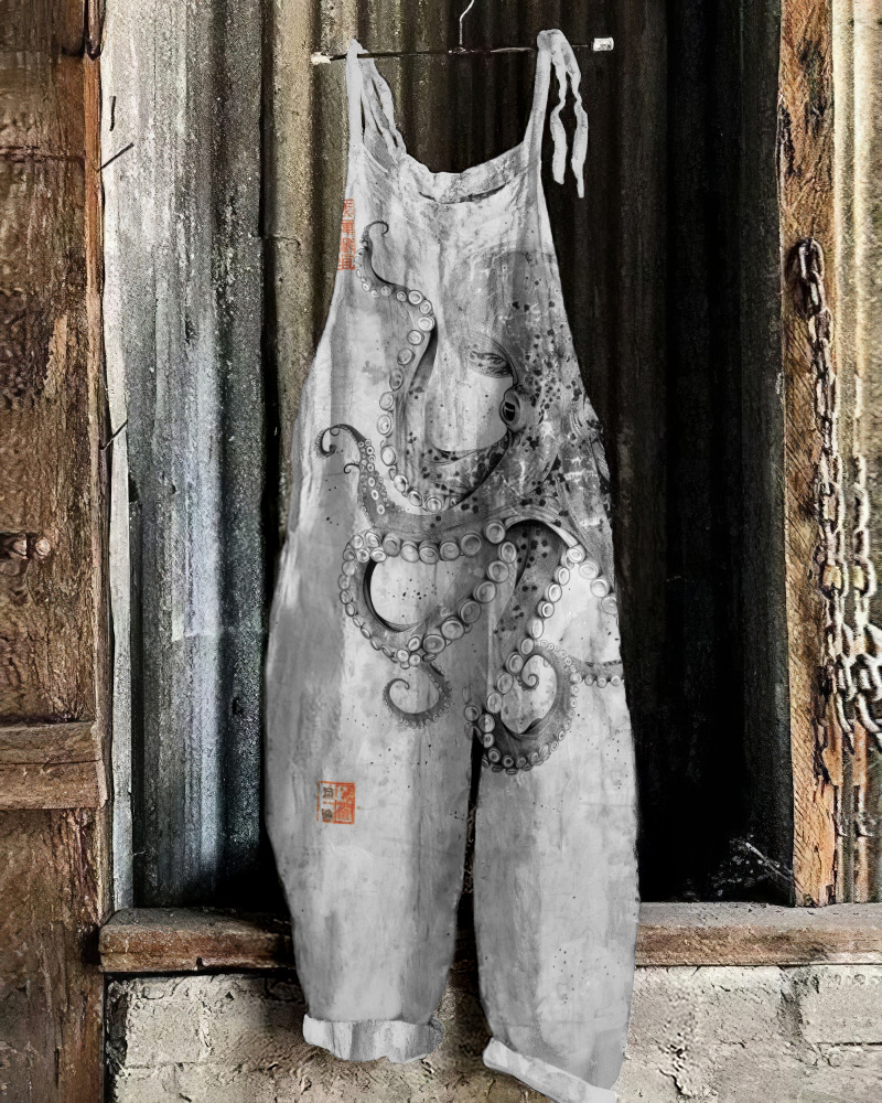 Comstylish Vintage Japanese Art Octopus Print Casual Loose Jumpsuit