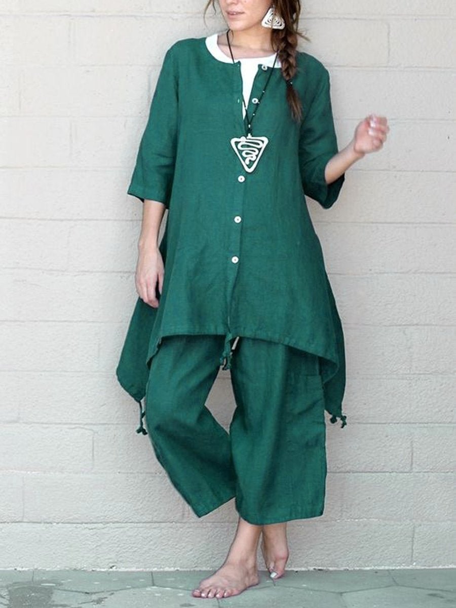 Women's Casual Solid Color Buttoned Linen Suit