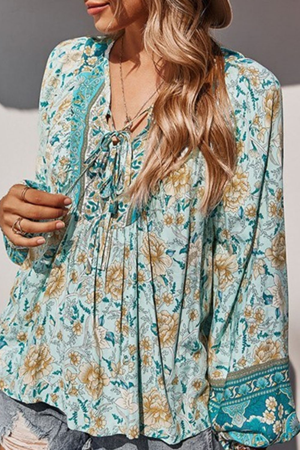 Plus Size Everyday Green Floral Print Lace-Up Long Sleeve Blouse 2024 - Flycurvy 
