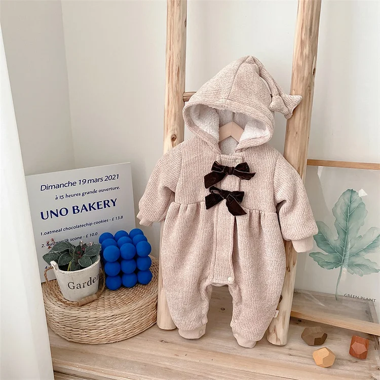 Baby Girl Bowknot Design Long Sleeve Fluff Hooded Romper