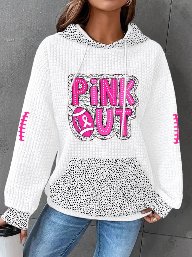 Women's Pink Out Football Breast Cancer Print Waffle Hooded Sweatshirt socialshop
