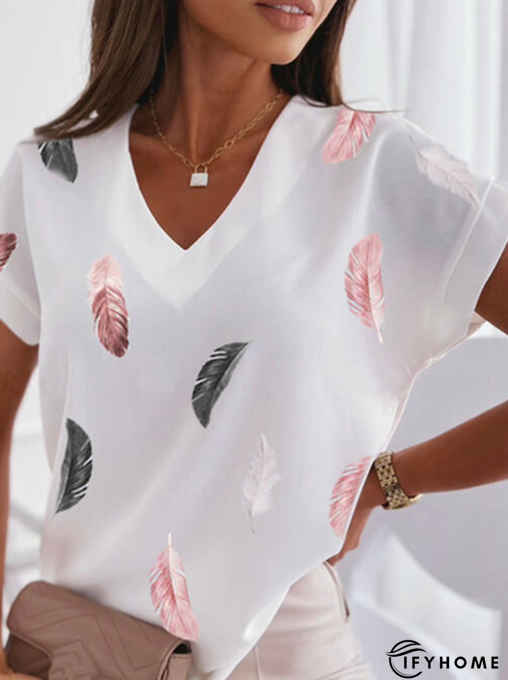 Feather Casual V Neck Short sleeve Short sleeve Top | IFYHOME