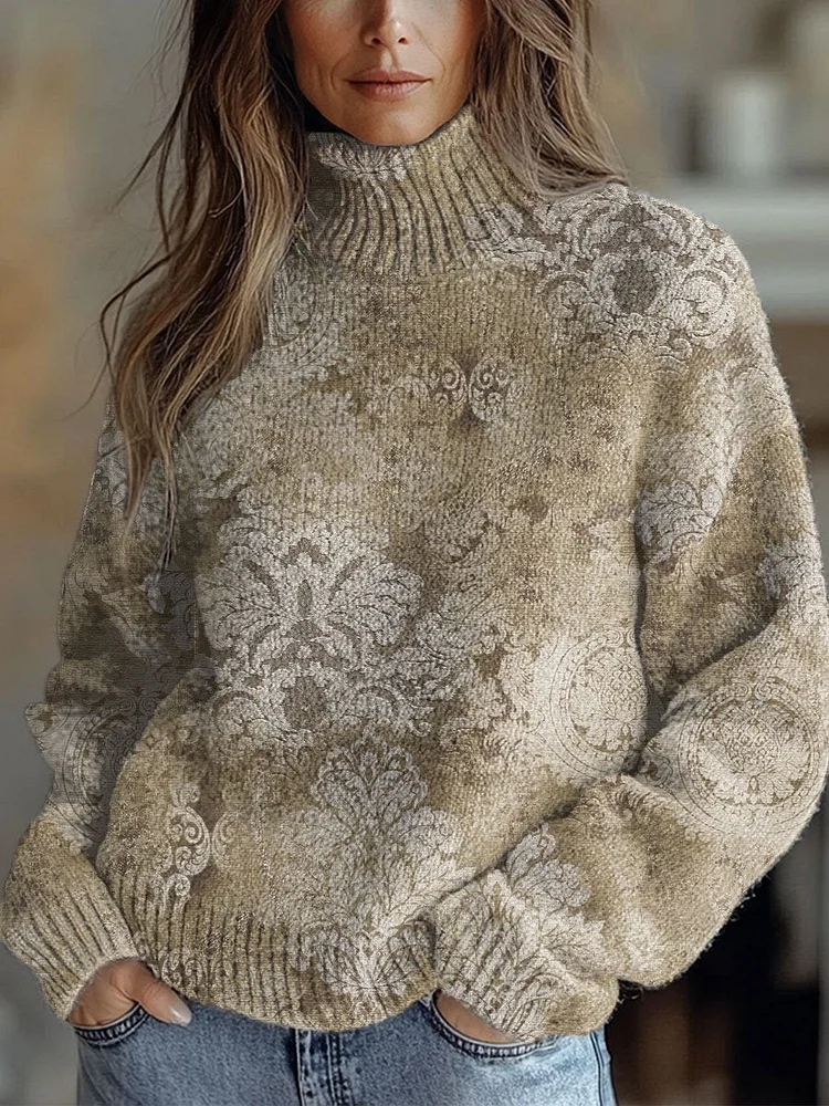 Vintage Symmetrical  Flowers Print Knit Turtleneck Pullover Sweater