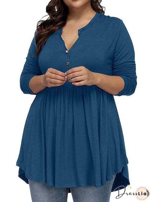 T shirt Tee Light Blue claret Deep Purple Plain Button Flowing tunic Long Sleeve Daily Weekend Basic V Neck Long Plus Size L for Women