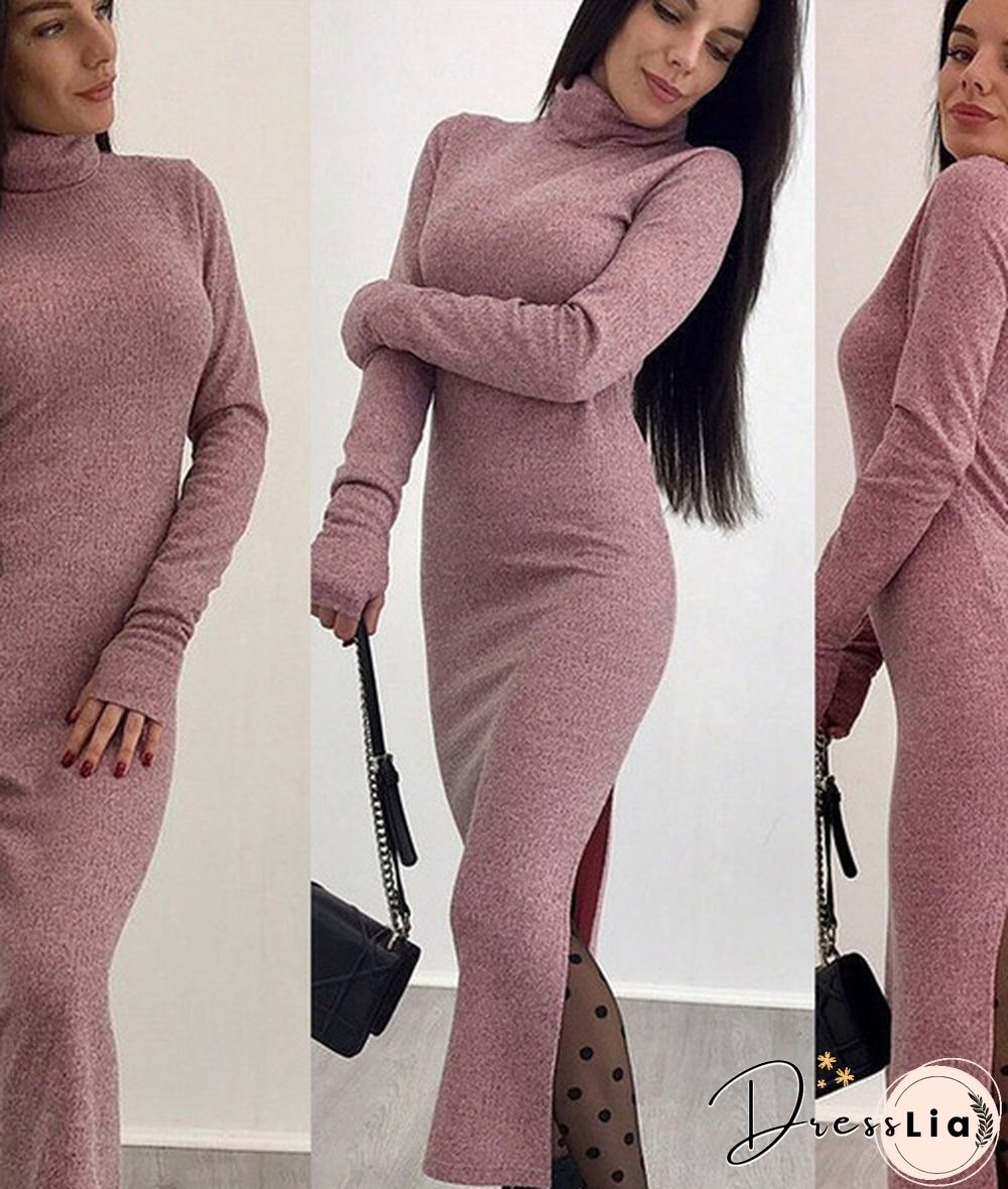 Sexy Ladies Fashion Knitting Long Dress High Collar Sheath Bodycon Fall Winter Slit Dresses