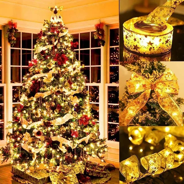 Christmas Ribbon LED String Lights,32.8Ft/10M/100 LED Ribbon Christmas Lights, String Lights for Christmas Tree, (Golden, Warm Light)
