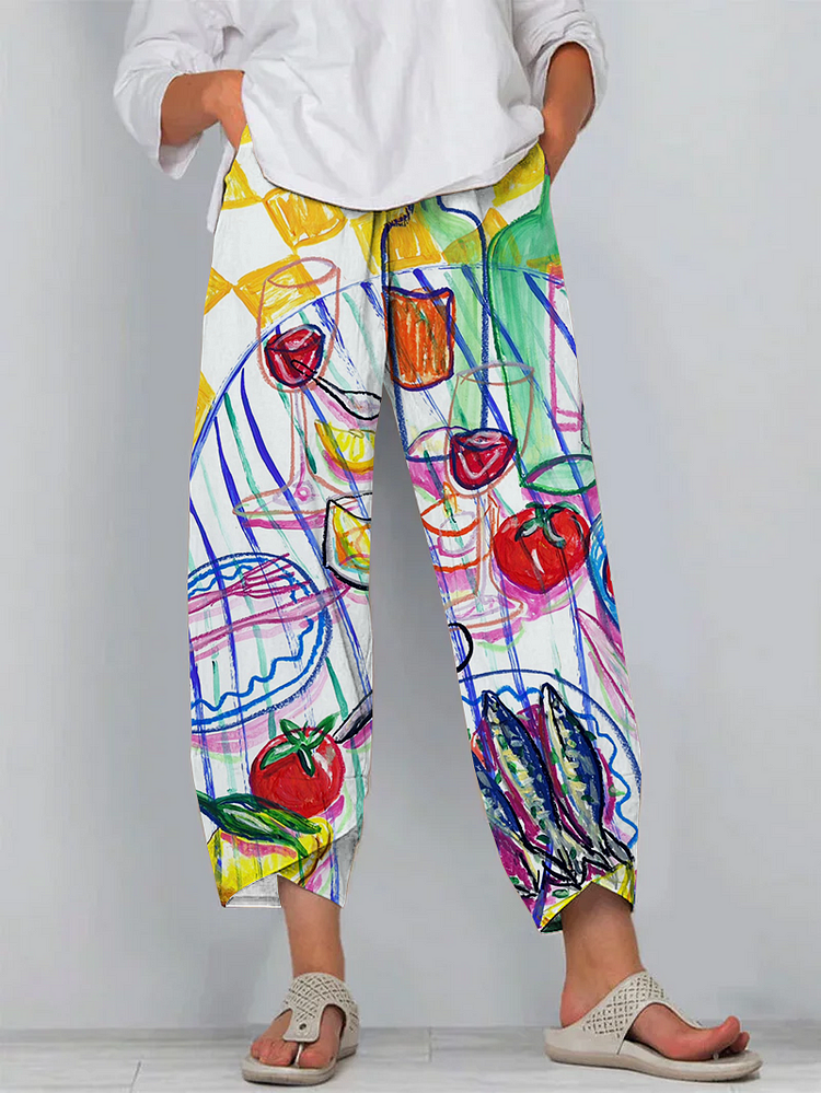 Casual Sardines Art Print Cropped Pants