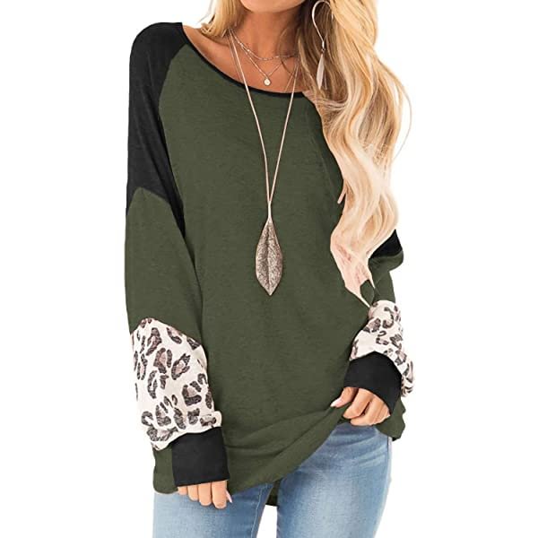 Womens Color Block Pullover Leopard Print Sweatshirt Raglan Long Sleeve Loose Tunic Shirts Tops
