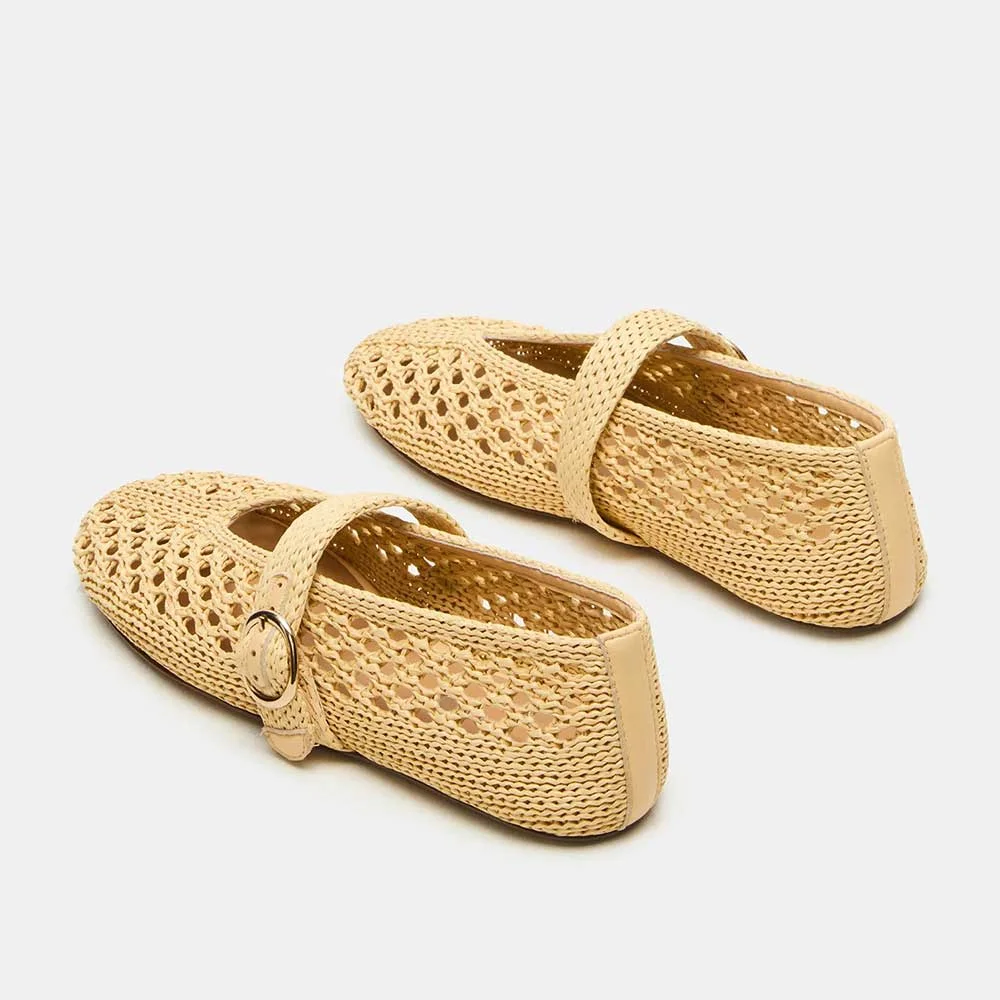 Stylish Raffia Round Toe Buckle Strap Flat Shoes Women in Yellow