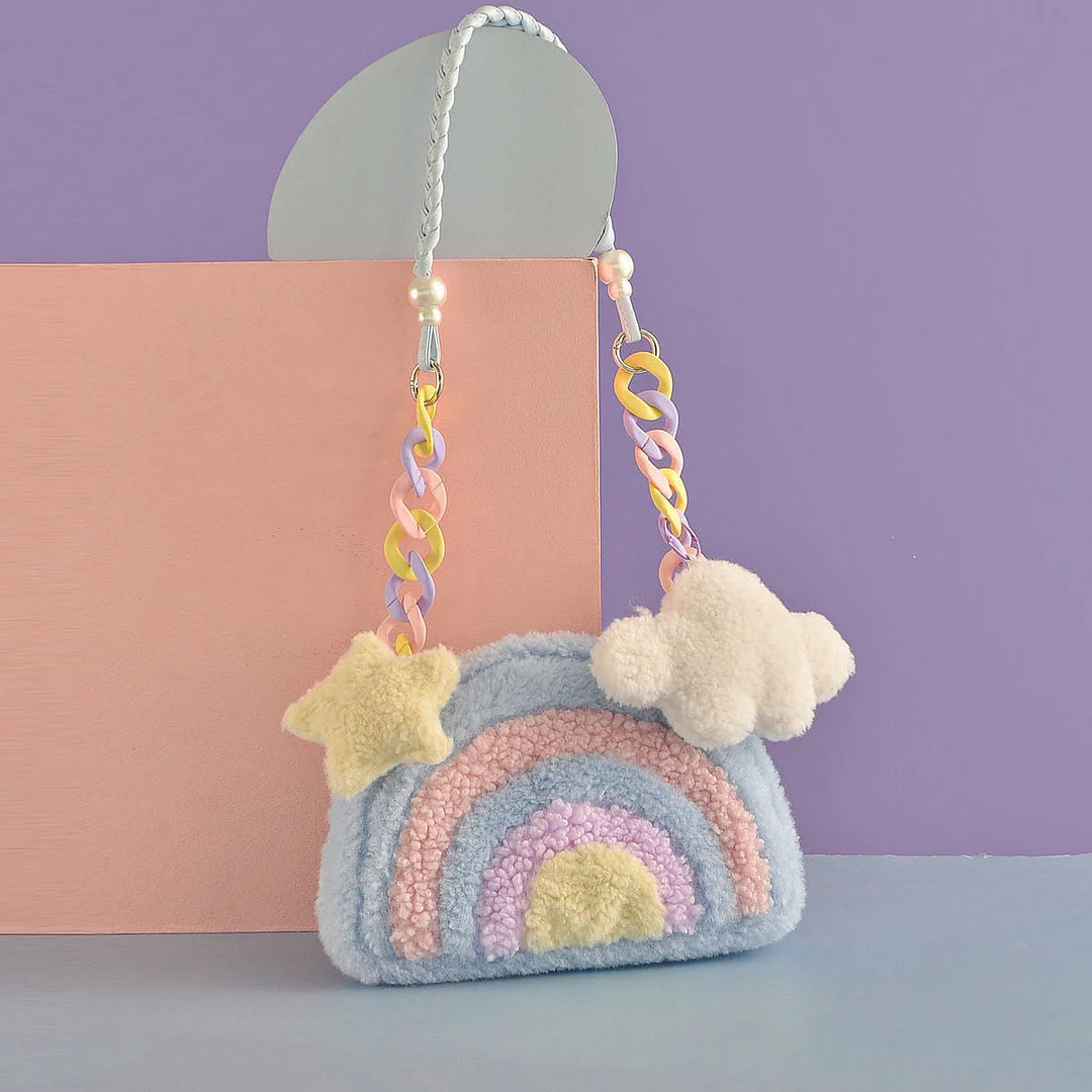 JIOMAY Rainbow Plush Purses and Handbags for Women 2022 Shopper Acrylic Chain Cloud Pendant Cute Girls Pearl Wallet Shoulder Bag