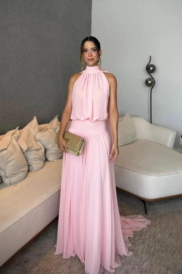 Chiffon Halter High Neck Strapless Sleeveless Long A-Line Prom Dress With Pleated | YC0373 Wellcucu