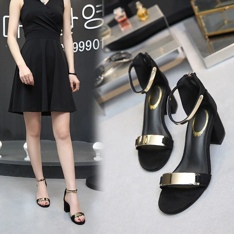 2022 Sandals Women Summer Square Chunky Heels Red Black Buckle Ankle Strap High Block Heel Open Toe Party Sandals Woman Pump