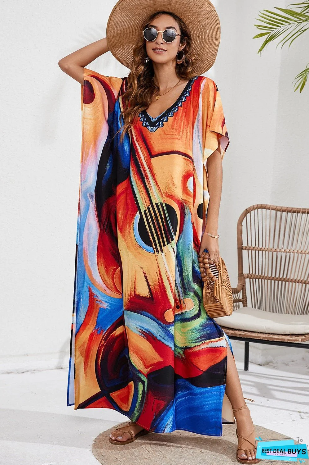 Slit Printed V-Neck Short Sleeve Cover Up