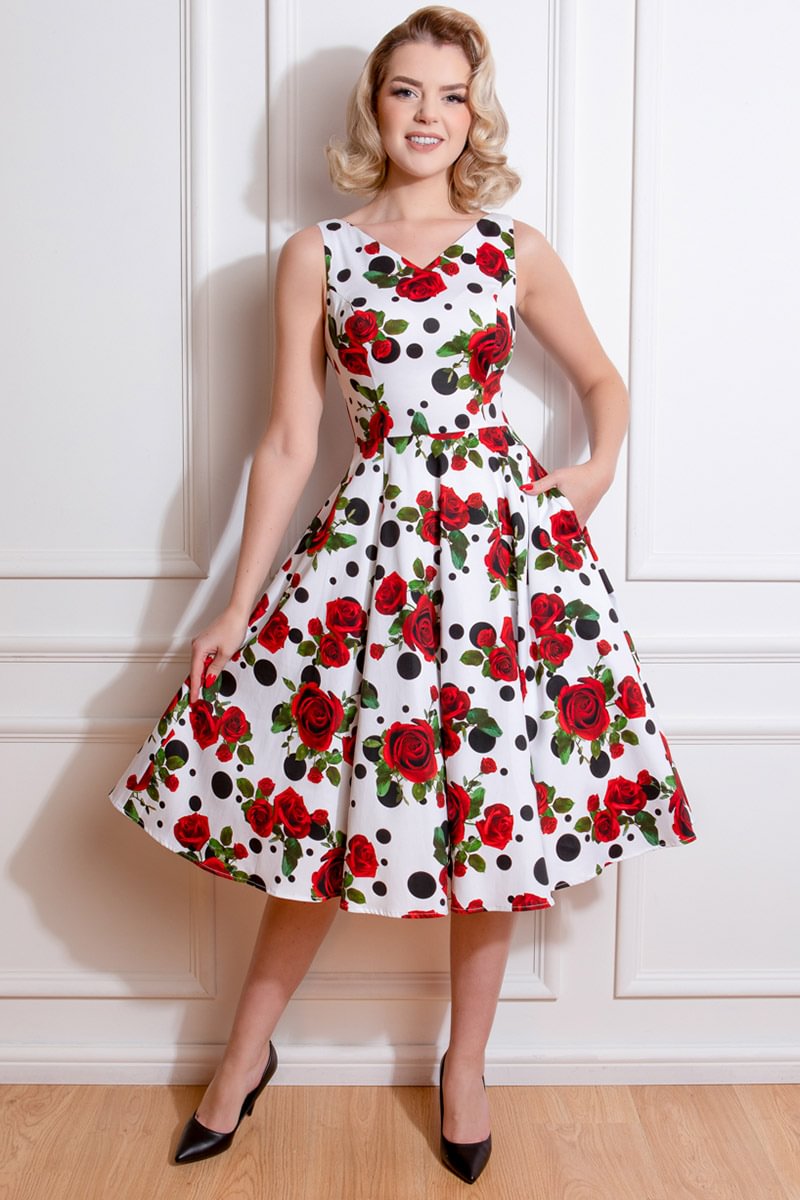 1950s White Party Rose Print Corset Side Pocket Polka Dot Swing Bell Midi Dress [Pre-Order]