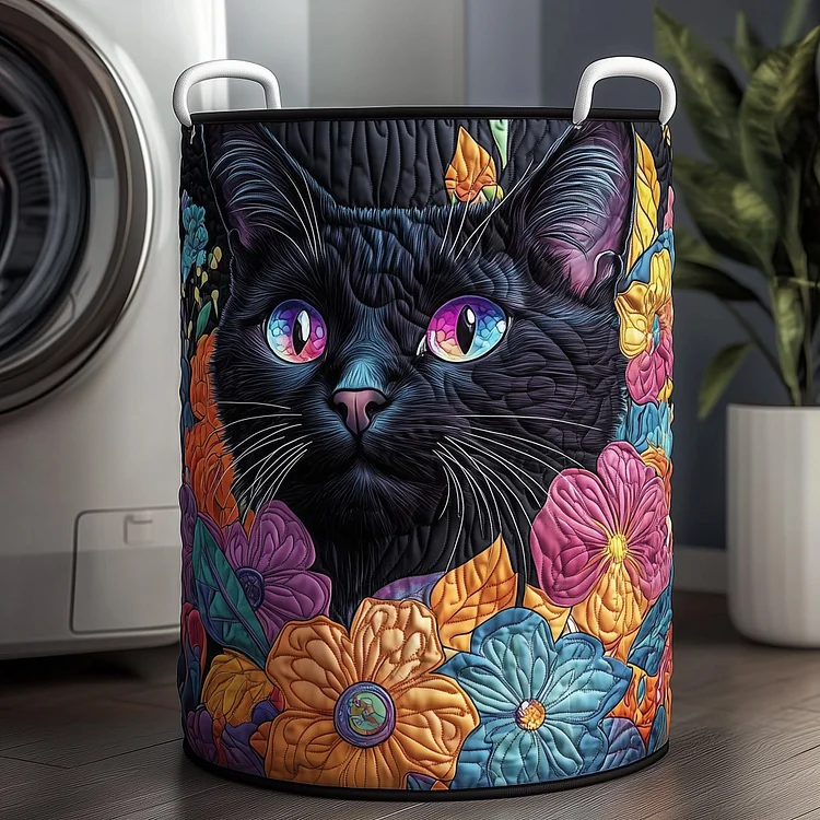 Floral Black Cat Quilted Laundry Basket GFTOXM278