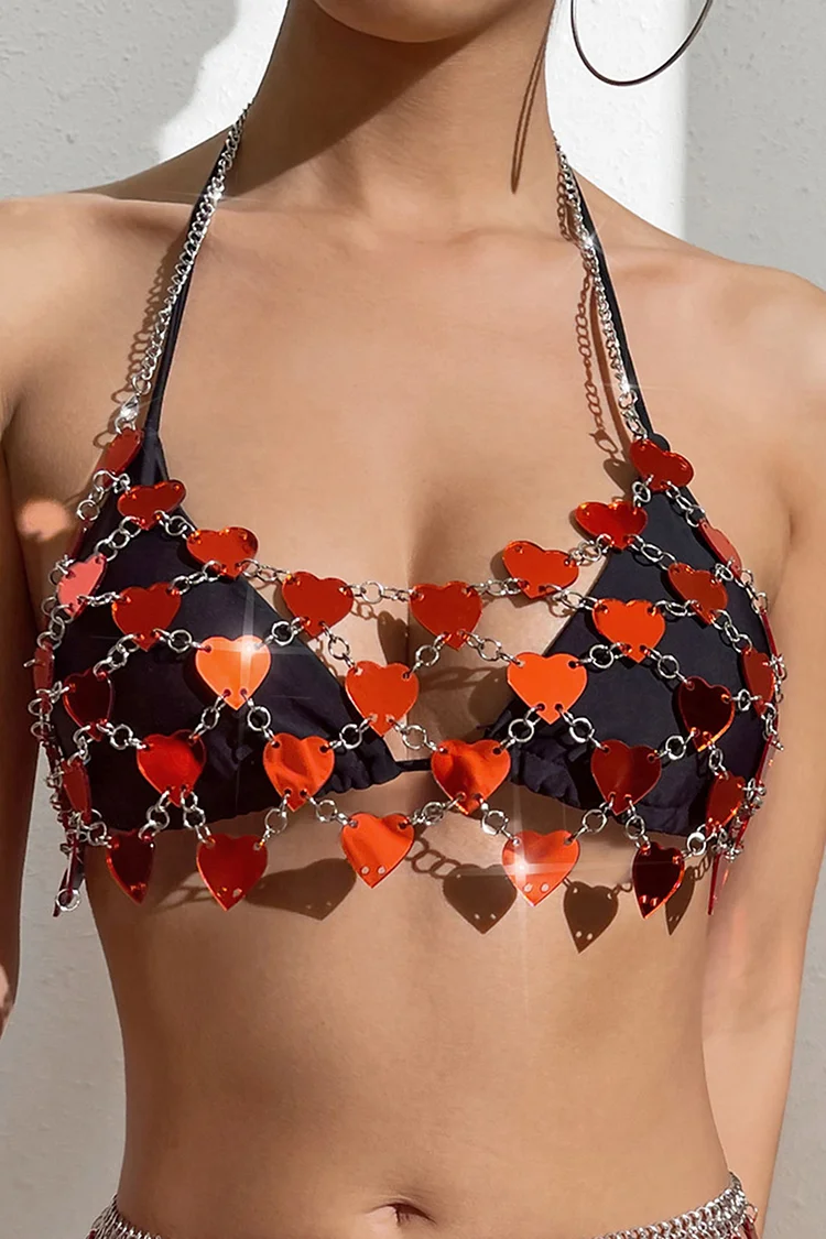 Metal Chain Halter Heart Shaped Acrylic Two Piece Skirt Set-Red