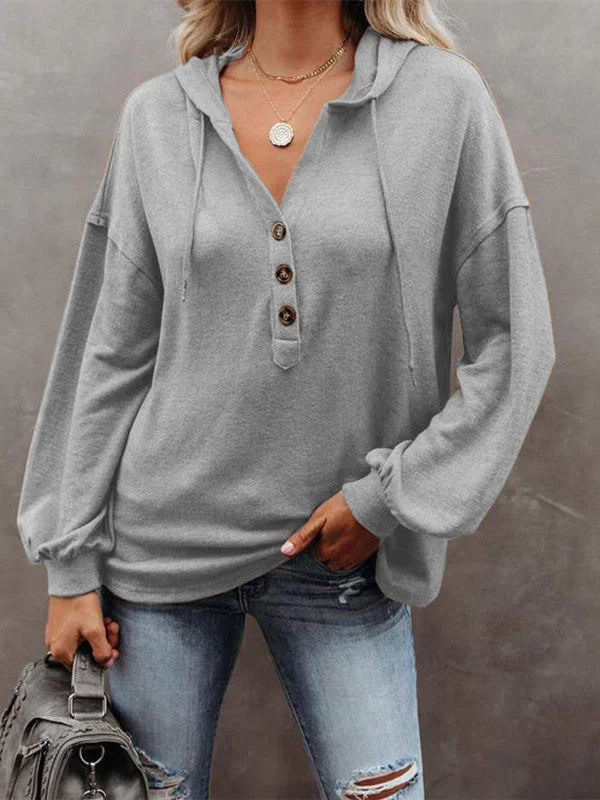 Solid Color Button Casual Loose Hooded Sweatshirt