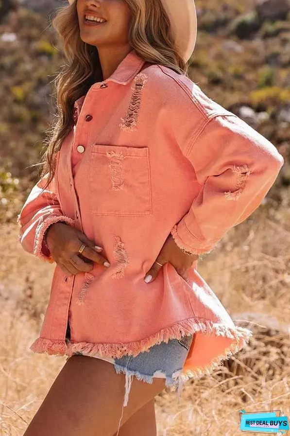 Distressed Raw Hem Denim Jacket with Chest Pockets