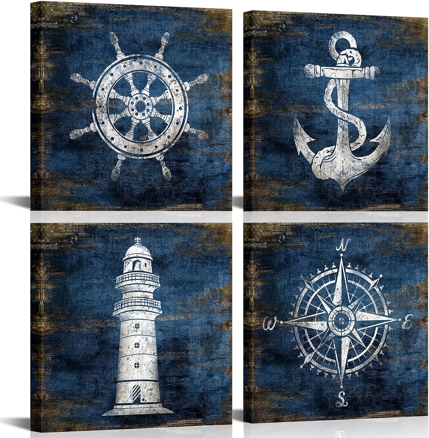 KLVOS Nautical Canvas Wall Art Navy Blue Boat Anchor Paintings Helm Drawing Compass Lighthouse Rustic Style Beach Home Decor Ready to Hang for Bathroom Living Room 12x12 Inchx4 Panels Navy Nautical