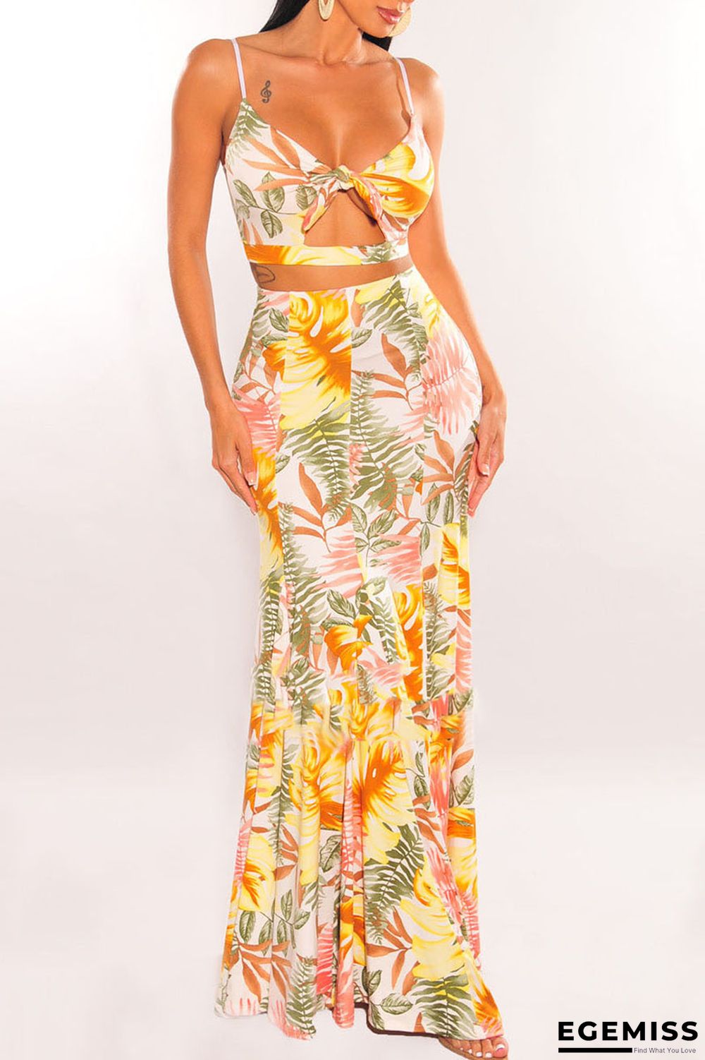 Yellow Sexy Print Hollowed Out Patchwork Knotted Spaghetti Strap Sleeveless Two Pieces | EGEMISS