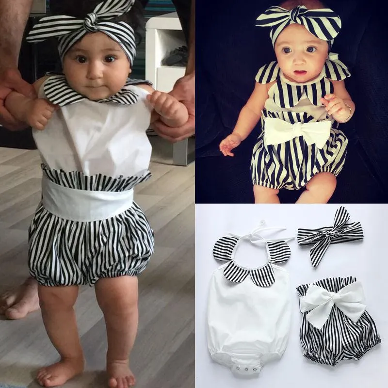 Toddler Infantil Baby Girl Romper Tops+Striped Shorts Bottoms+Head Band 3PCS Outfits Sunsuit 0-24M