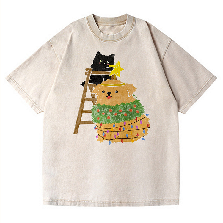 Cat Christmas Men's washed T-shirt