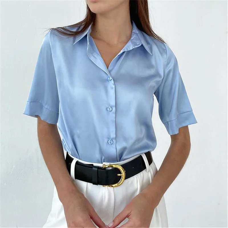 Back to school  Women 2022 Elegant Satin Solid Long Sleeve Blouses Female Chic Vintage Blue Green Casual Loose Buttons Shirts Oversize Top Tunic