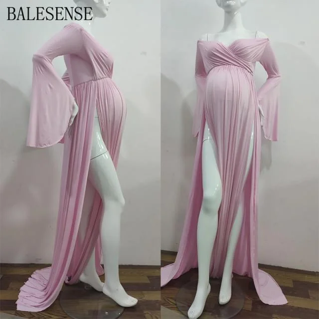 Cotton Maternity Dresses for Photo Shoot Sexy Shouldless Ruffle Pregnant Dresses for Women Puff Sleeve Maxi Long Pregnancy Dress-1