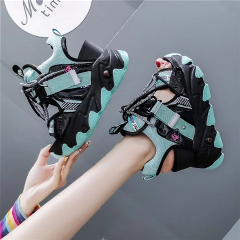 Women Chunky Platform Sandals Fashion Summer Mixed Colors 9cm Wedge Female Beach Shoes Sweet Campus Style Open Toe High Heels