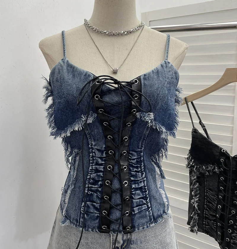 Uveng Real Shooting Do The Old Fur Side Of The Denim Splicing Pu Skin Lace Sling Vest Short Without Sleeve Top 618